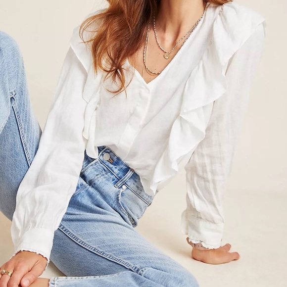 Anthropologie Tops - Anthropologie Maeve White Linen Ruffle Top Sz 2